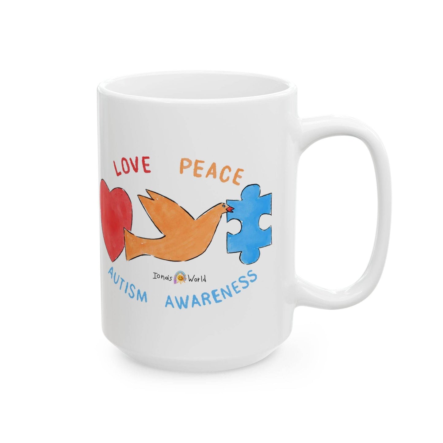 LOVE, PEACE, AUTISM AWARENESS - INSPIRATIONAL MUG - Iona's World