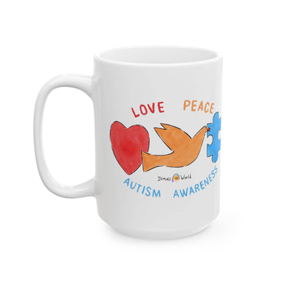 LOVE, PEACE, AUTISM AWARENESS - INSPIRATIONAL MUG - Iona's World