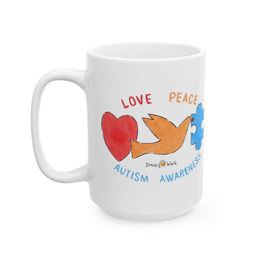 LOVE, PEACE, AUTISM AWARENESS - INSPIRATIONAL MUG - Iona's World