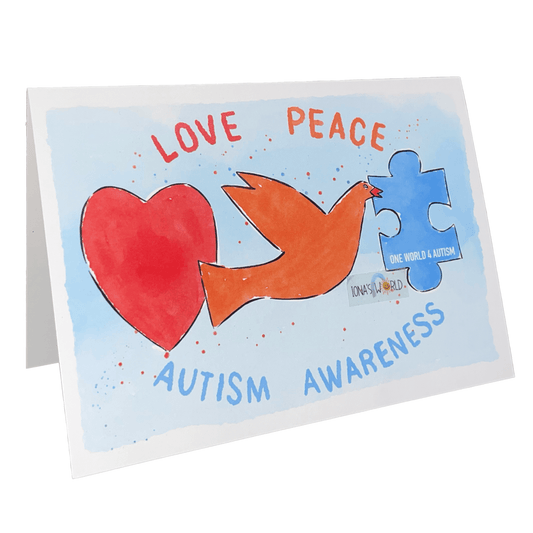 Love, Peace, Autism Awareness - Greeting Card - Iona's World